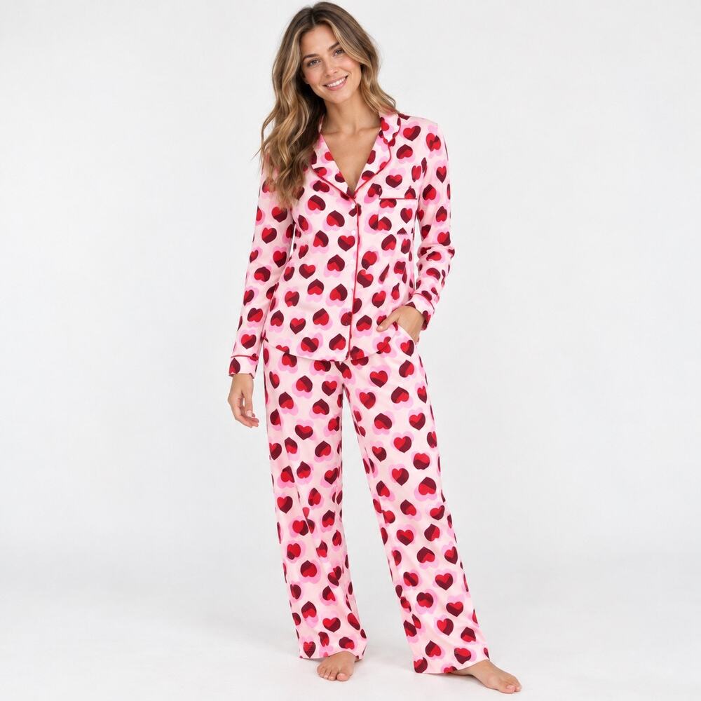 Kate Spade New York Heart Print Pajama Set Pink Red Size Small NWOT